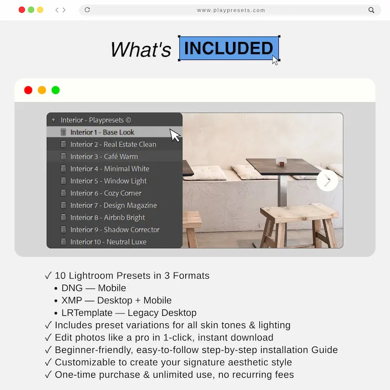 What’s included in Interior Lightroom presets collection showing 10 presets and files for mobile and desktop