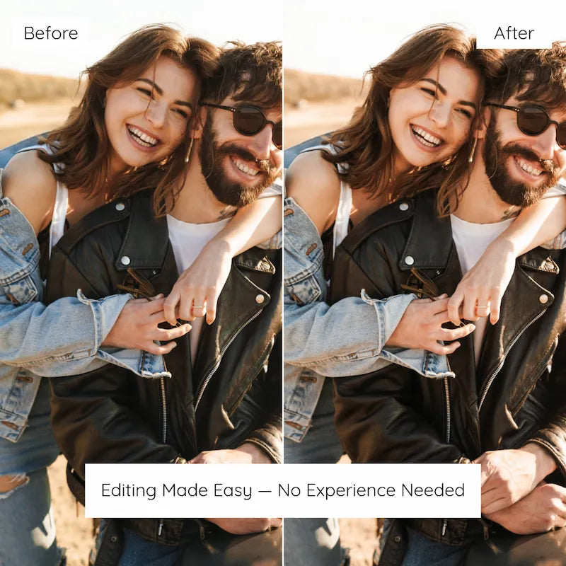 Before and after lifestyle portrait edited with Ivory Lightroom presets showing soft whites, neutral warmth, and natural skin tones