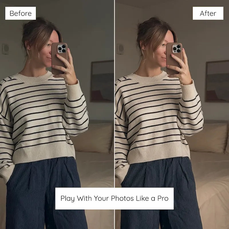 Before and after indoor fashion photo edited with Ivory Lightroom presets featuring soft neutral tones, clean whites, and refined contrast