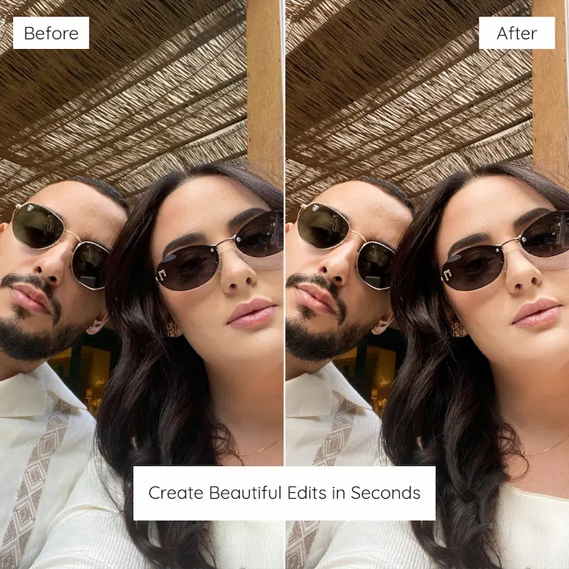 Before and after couple portrait edited with Ivory Lightroom presets showing natural skin tones, subtle warmth, and an elegant neutral finish