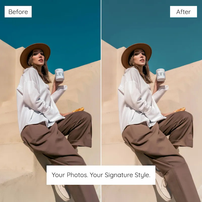 Before and after fashion portrait edited with Ivory Lightroom presets featuring ivory whites, warm neutrals, and polished editorial color