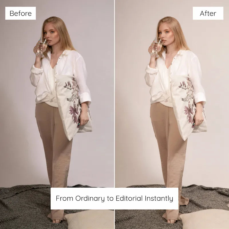 Before and after studio fashion photo edited with Ivory Lightroom presets showing soft whites, controlled highlights, and refined neutral tones