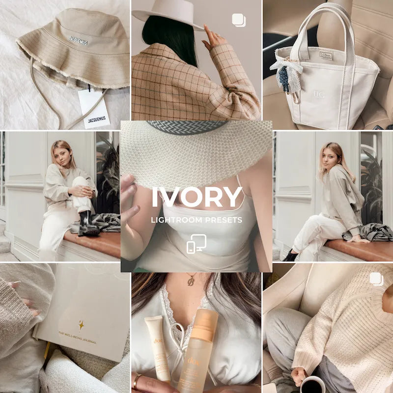 Ivory Lightroom presets cover showing soft neutral fashion, lifestyle details, ivory whites, and elegant warm tones