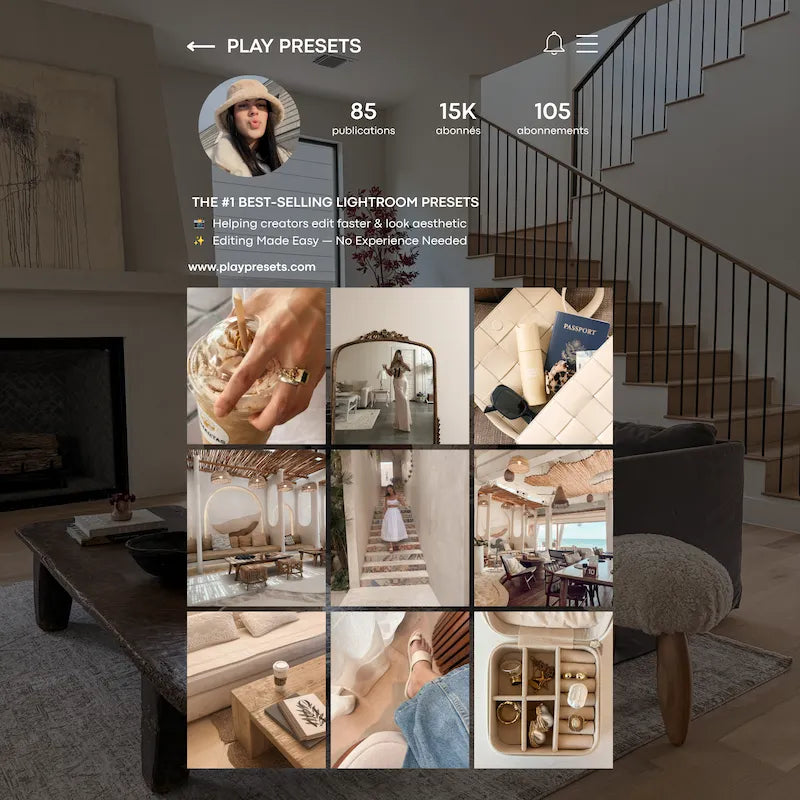 Instagram feed preview edited with Ivory Lightroom presets showing cohesive neutral interiors, fashion, lifestyle, and soft ivory tones