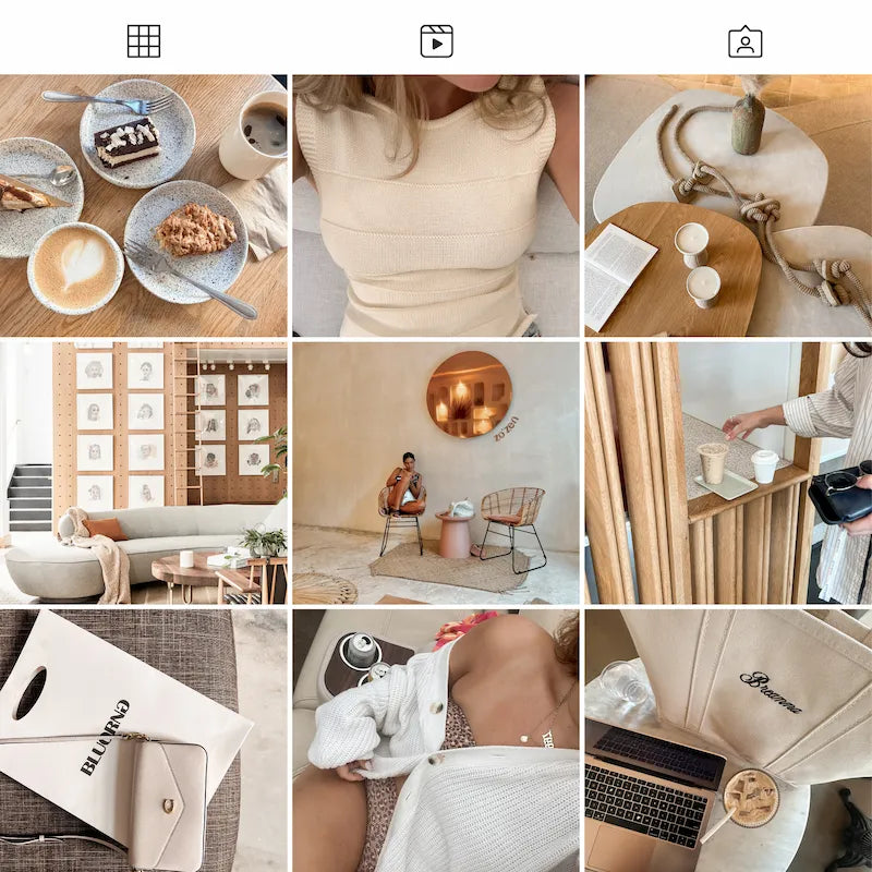 Photo grid preview edited with Ivory Lightroom presets showing cohesive ivory fashion, interiors, lifestyle details, and warm neutral tones
