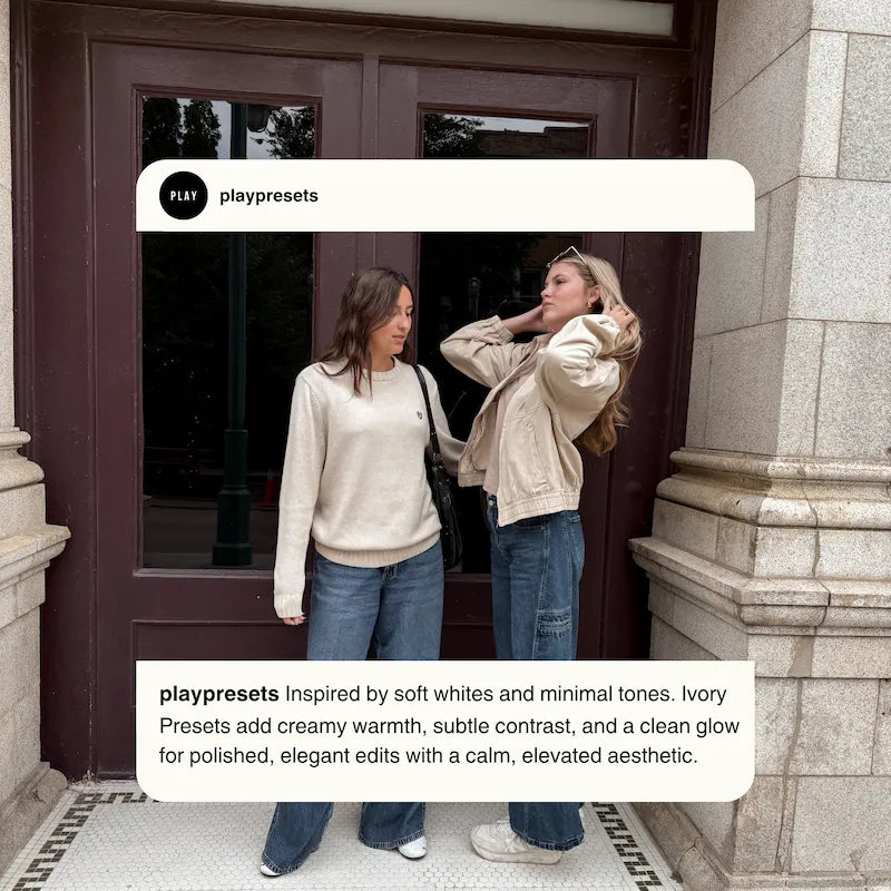 Ivory Lightroom presets preview showing a lifestyle portrait with soft whites, neutral warmth, natural skin tones, and refined contrast