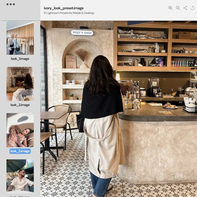 Ivory Lightroom preset variations preview showing a café lifestyle photo with soft whites, balanced warmth, and clean neutral color