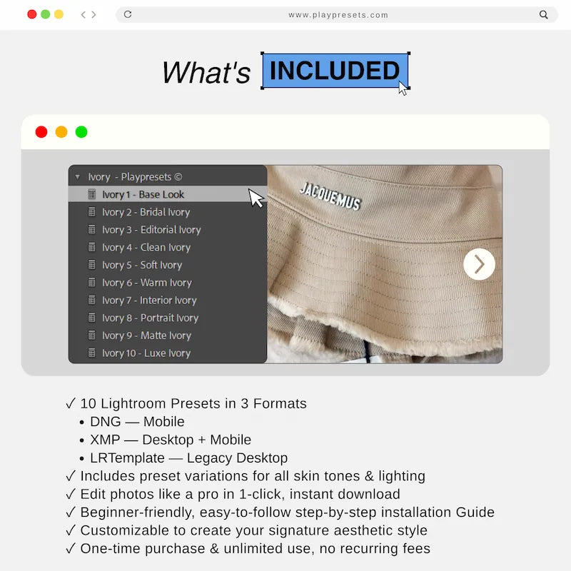 What’s included in Ivory Lightroom presets collection showing 10 presets and files for mobile and desktop
