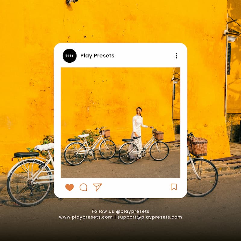 Three bicycles with baskets against a yellow wall edited with Kodak Ektar Look Video LUTs.