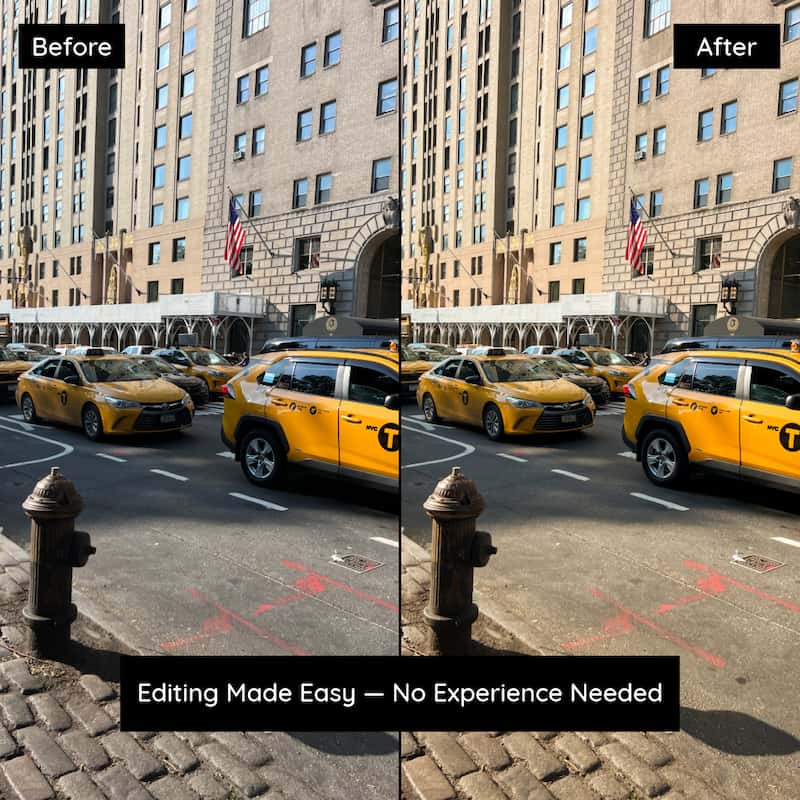 Before and after photo edited with Kodak Ektar Lightroom presets showing vivid colors and strong contrast in a city street scene