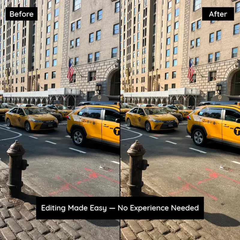 Before and after photo edited with Kodak Ektar Lightroom presets showing vivid colors and strong contrast in a city street scene