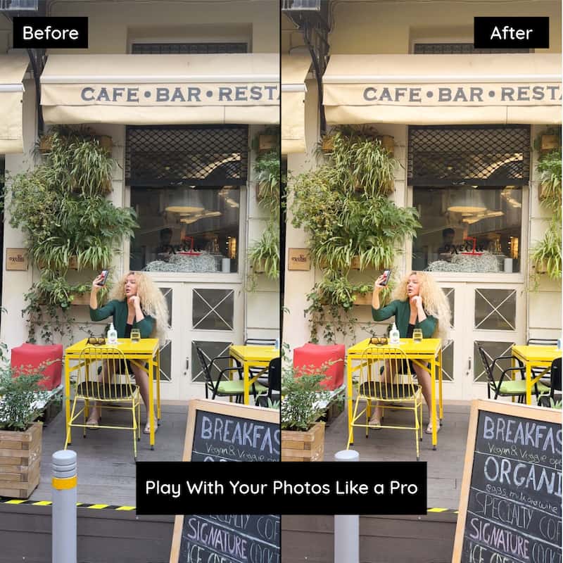 Before and after photo edited with Kodak Ektar Lightroom presets showing vibrant tones and enhanced detail in an outdoor café setting