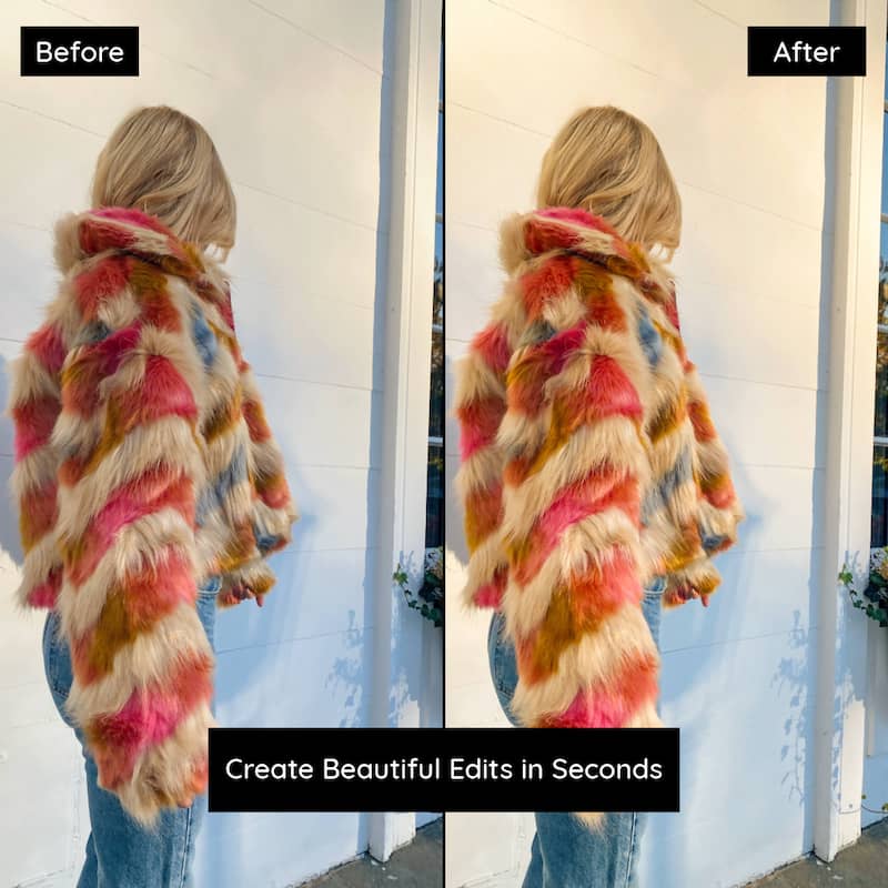 Before and after photo edited with Kodak Ektar Lightroom presets showing bold reds and cinematic color depth in a fashion portrait