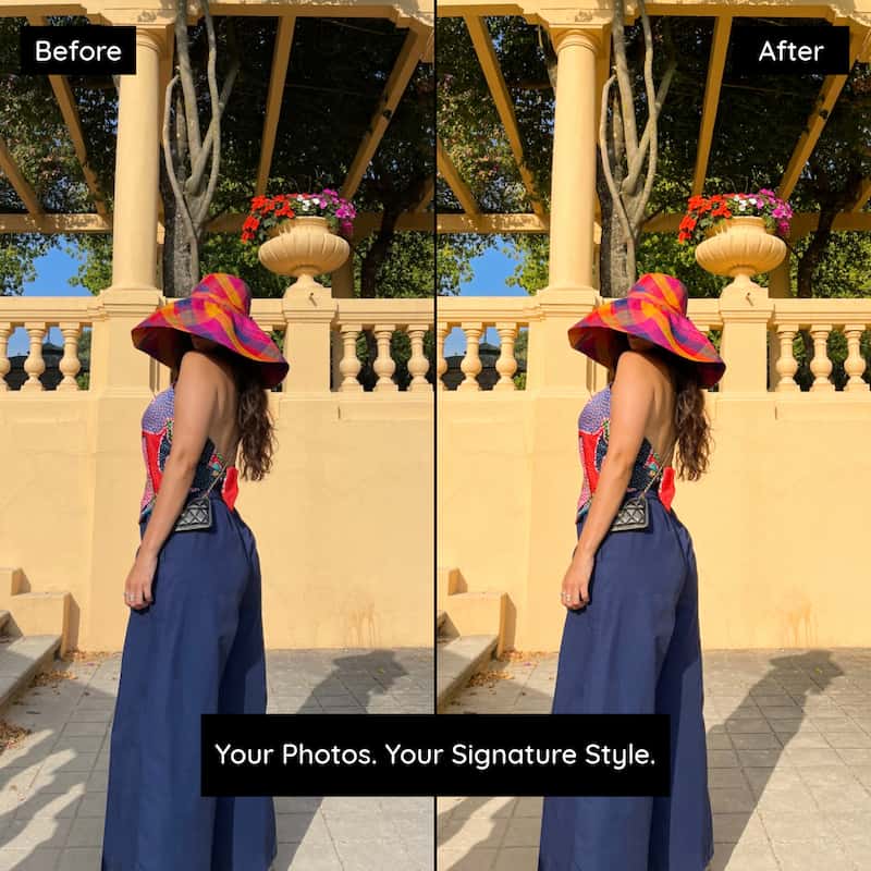 Before and after photo edited with Kodak Ektar Lightroom presets showing warm tones and rich color contrast in a sunny travel scene