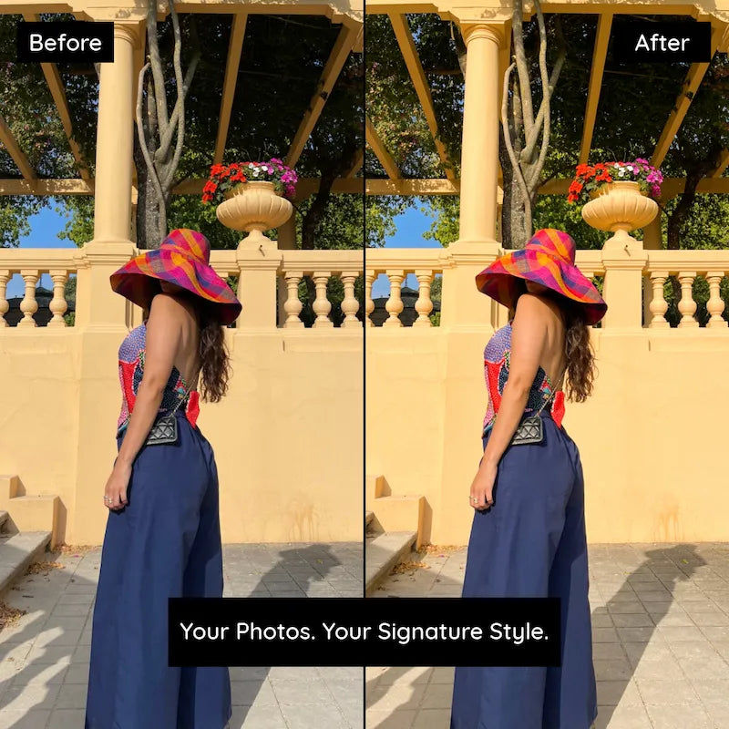 Before and after photo edited with Kodak Ektar Lightroom presets showing warm tones and rich color contrast in a sunny travel scene