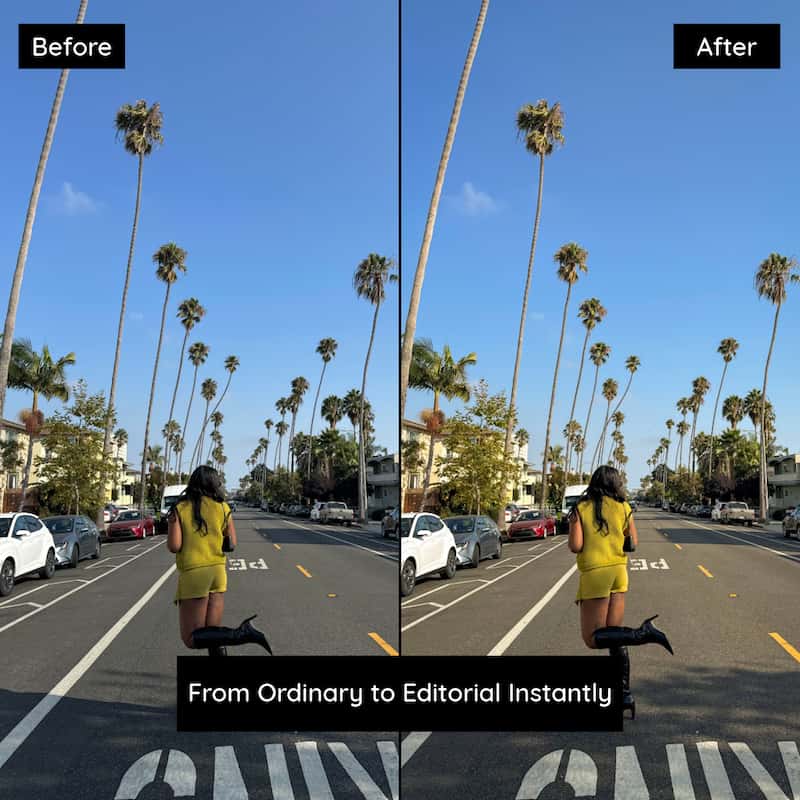 Before and after photo edited with Kodak Ektar Lightroom presets showing bright blue sky and high contrast tones in a street photography shot