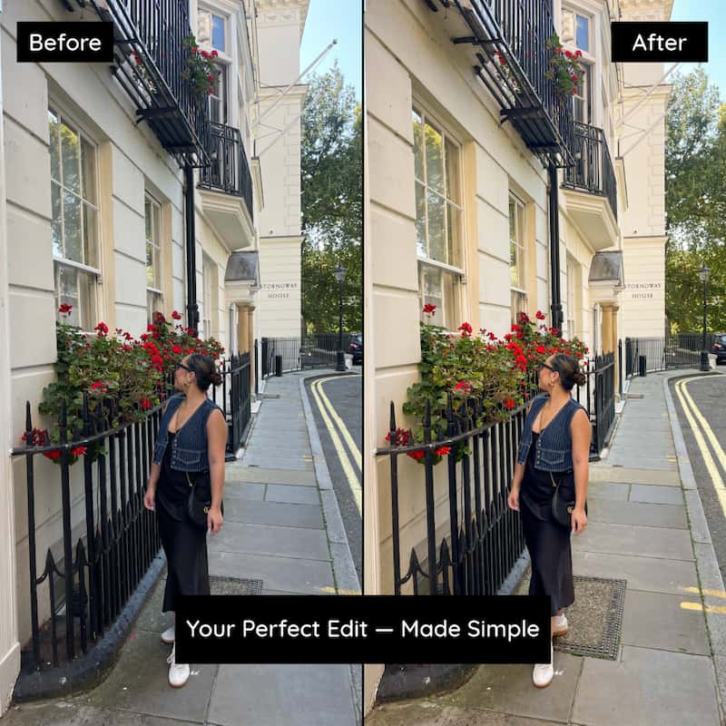 Before and after photo edited with Kodak Ektar Lightroom presets showing balanced colors and crisp detail in an urban lifestyle scene