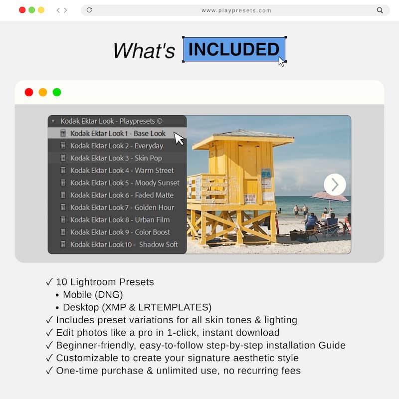 What’s included in Kodak Ektar Lightroom presets collection showing preset files and variations for mobile and desktop