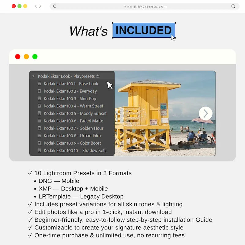 What’s included in Kodak Ektar Lightroom presets collection showing preset files and variations for mobile and desktop