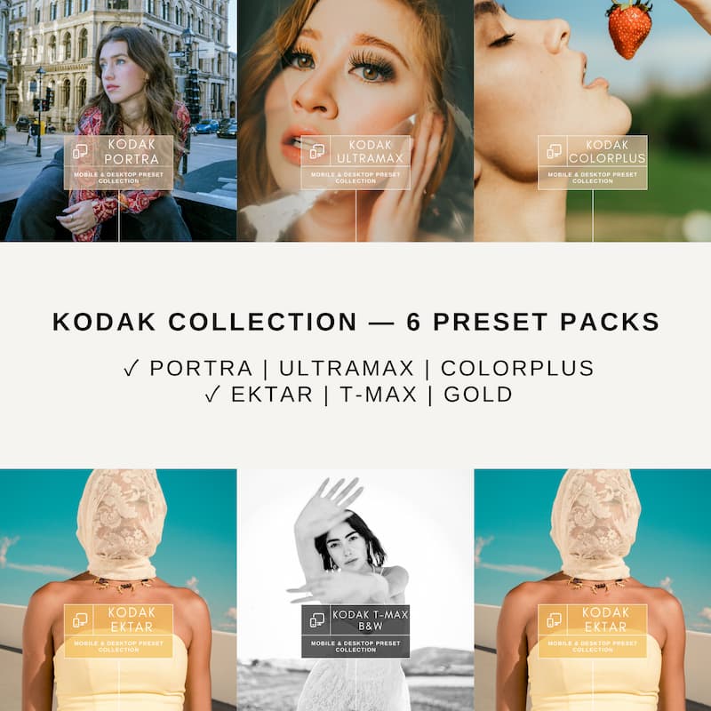 Kodak photo filter presets with various models and scenic backgrounds.