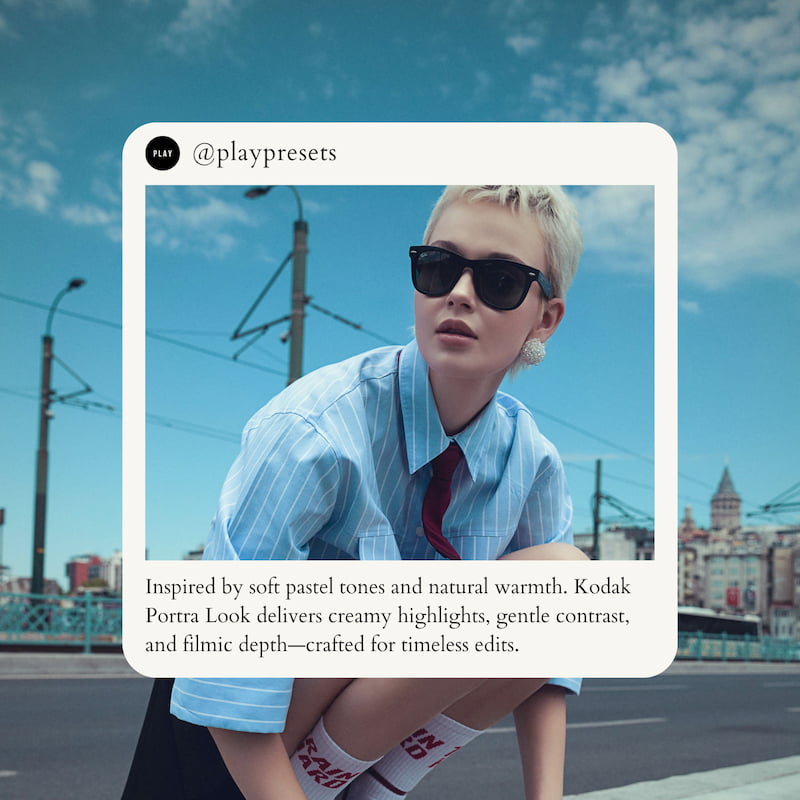 Person wearing sunglasses and a light blue shirt edited with Kodak Portra Look Video LUTs.