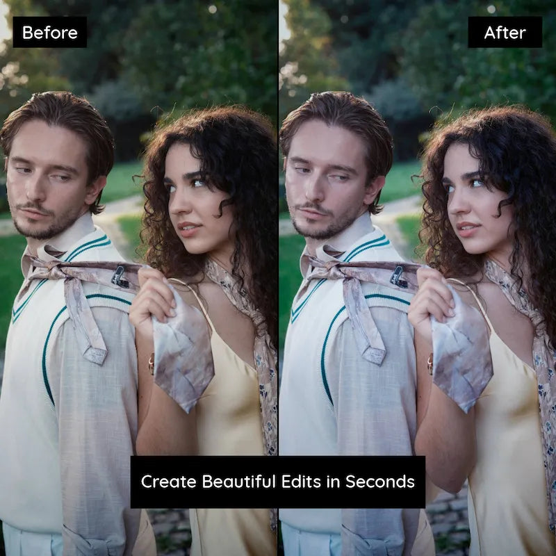 Before and after photo edited with Kodak Portra Lightroom Presets showing warm highlights and cinematic color tones