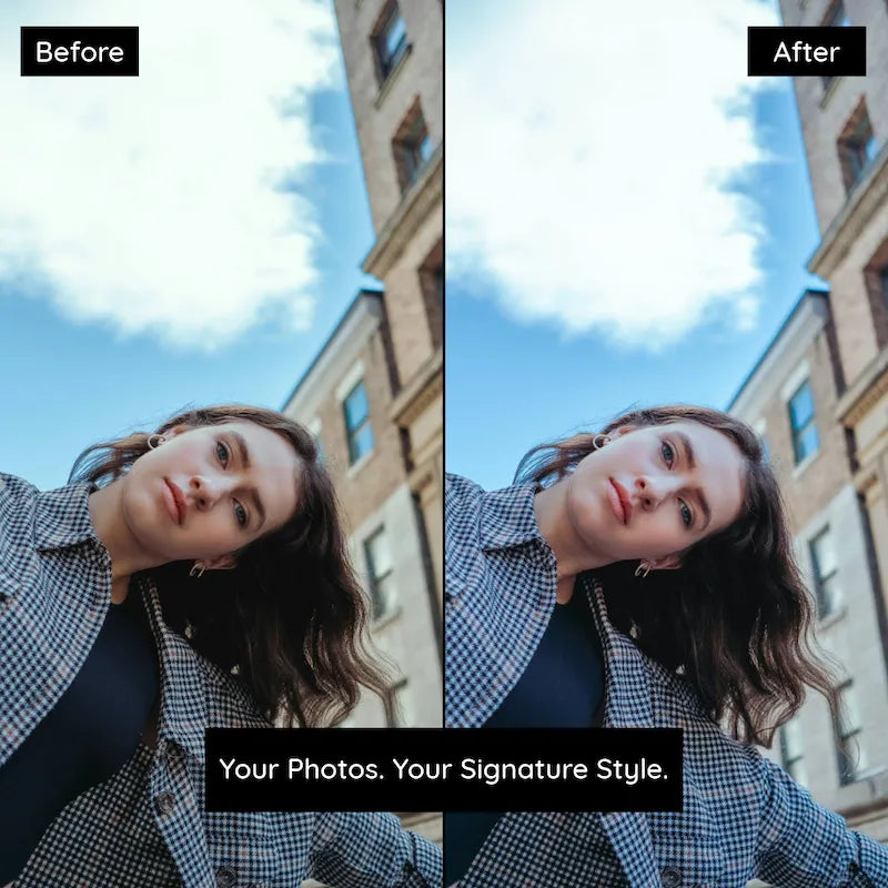 Before and after photo edited with Kodak Portra Lightroom Presets showing bright sky tones and enhanced clarity