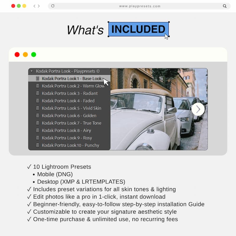 What’s included in Kodak Portra Lightroom Presets collection showing preset files and variations for mobile and desktop