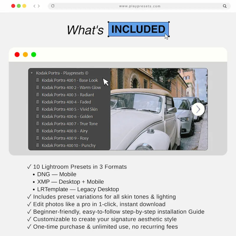 What’s included in Kodak Portra Lightroom Presets collection showing preset files and variations for mobile and desktop