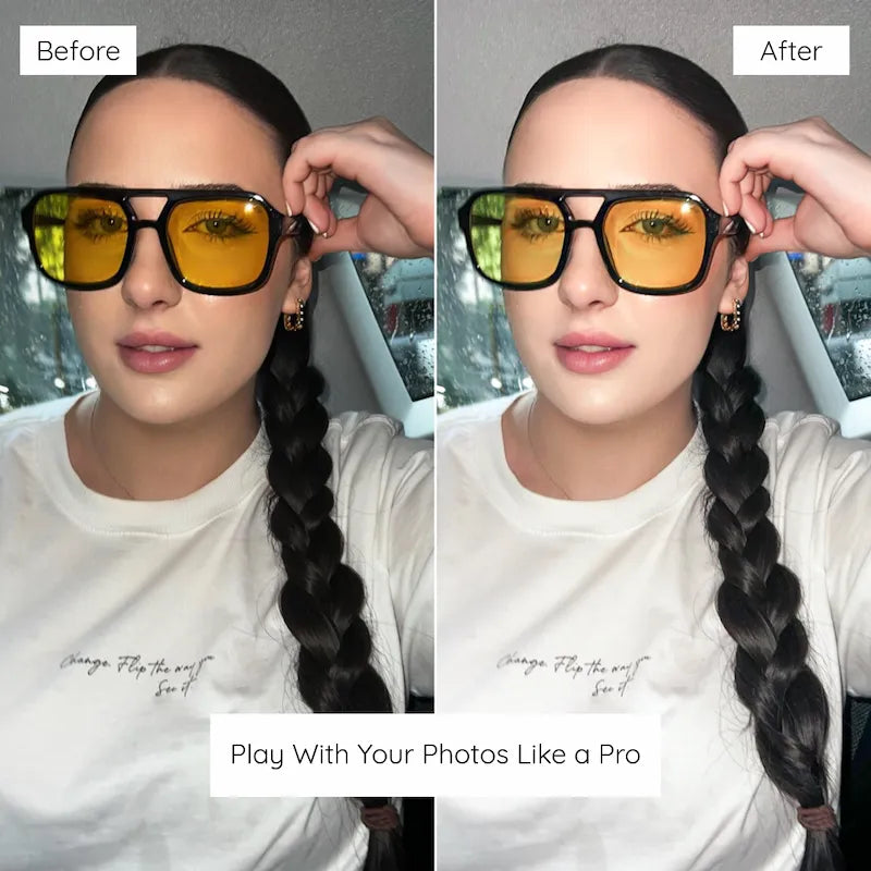 Before and after portrait edited with Lemon Lightroom presets showing balanced skin tones and reduced yellow cast