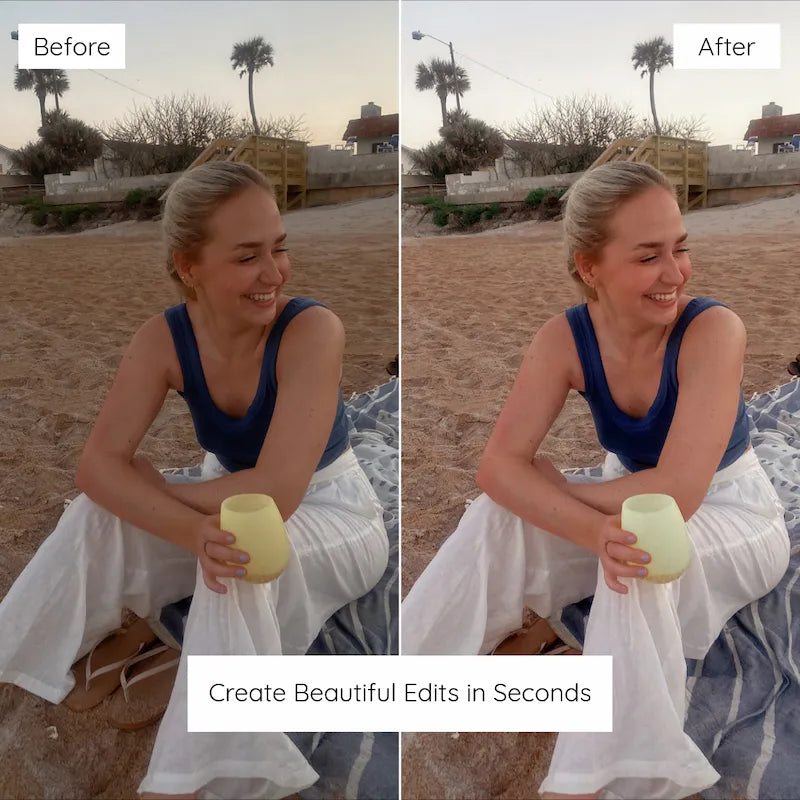 Before and after outdoor photo edited with Lemon Lightroom presets showing airy brightness and fresh natural colors