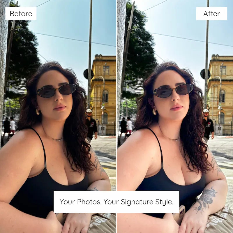 Before and after travel portrait edited with Lemon Lightroom presets showing clean highlights and soft neutral tones