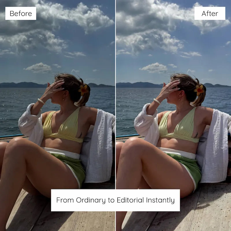 Before and after beach photo edited with Lemon Lightroom presets showing bright whites and crisp natural color