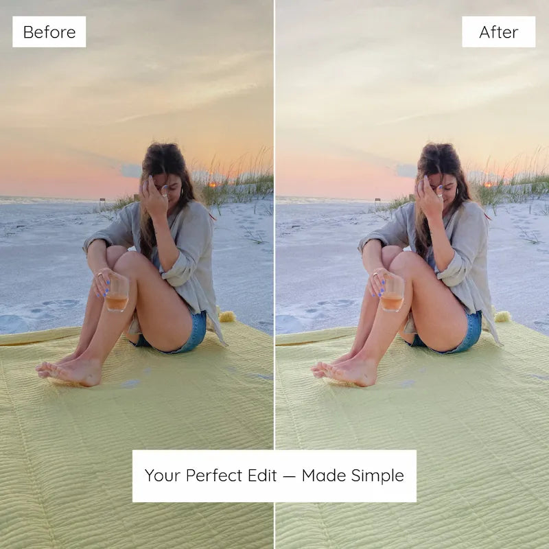 Before and after sunset portrait edited with Lemon Lightroom presets showing soft pastel tones and clean balanced lighting