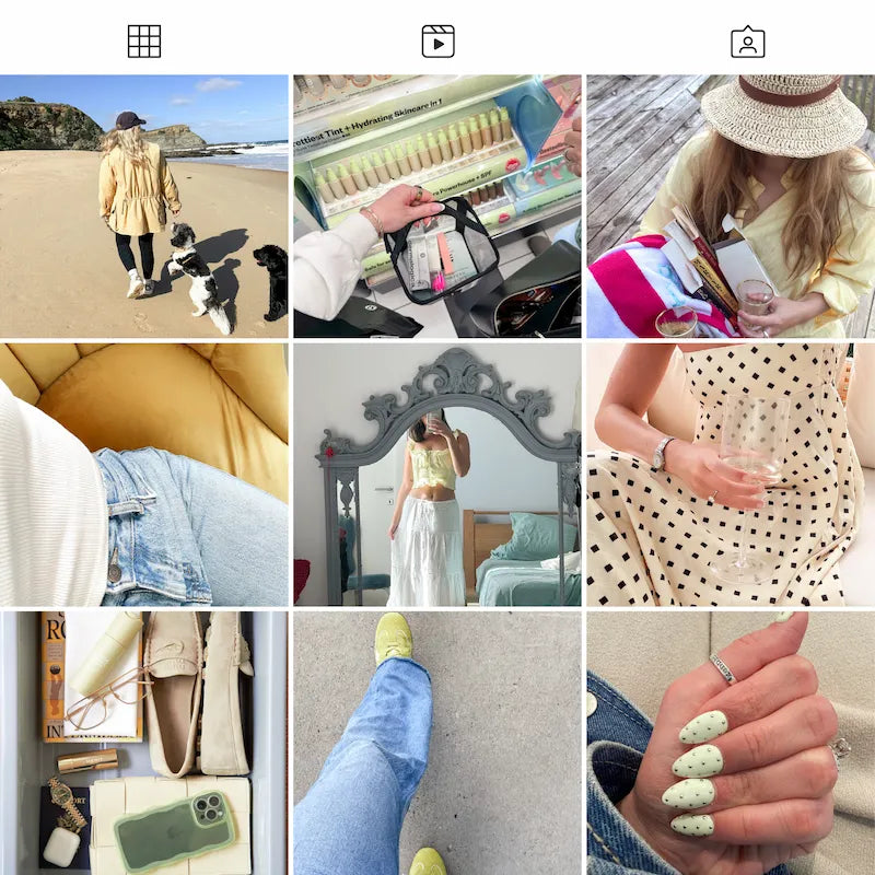 Photo grid preview edited with Lemon Lightroom presets showing consistent bright tones across lifestyle and fashion photos