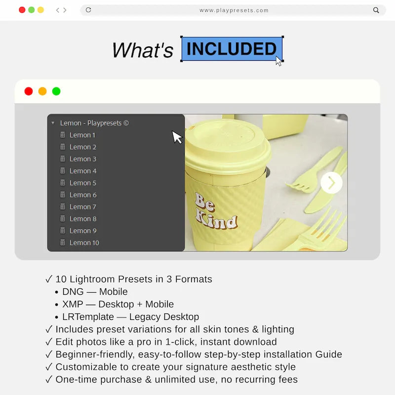 What’s included in Lemon Lightroom presets collection showing preset files and variations for mobile and desktop