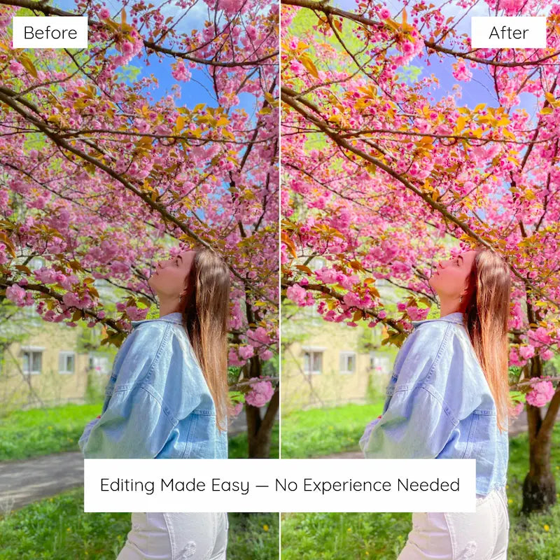 Before and after spring portrait edited with Lilac Lightroom presets showing soft pastel tones and dreamy floral colors