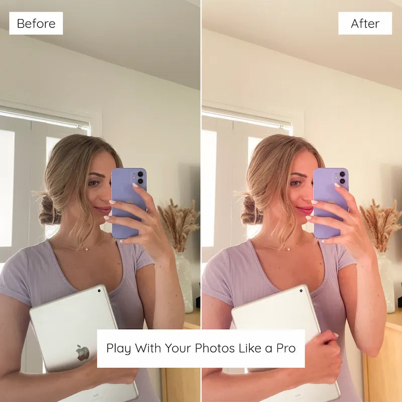 Before and after mirror selfie edited with Lilac Lightroom presets showing balanced skin tones and airy pastel lighting