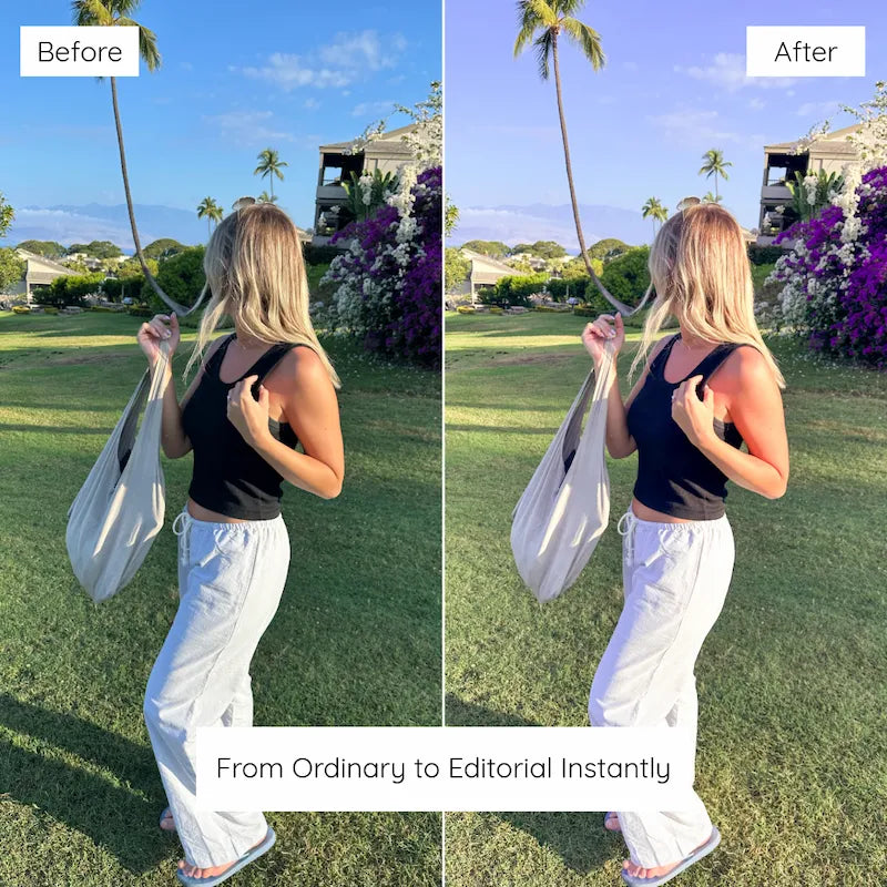 Before and after travel photo edited with Lilac Lightroom presets showing soft pink tones and clean natural lighting