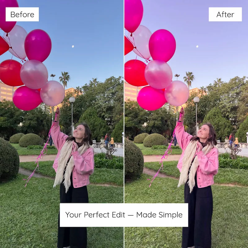 Before and after outdoor portrait edited with Lilac Lightroom presets showing dreamy pastel colors and floral spring aesthetic