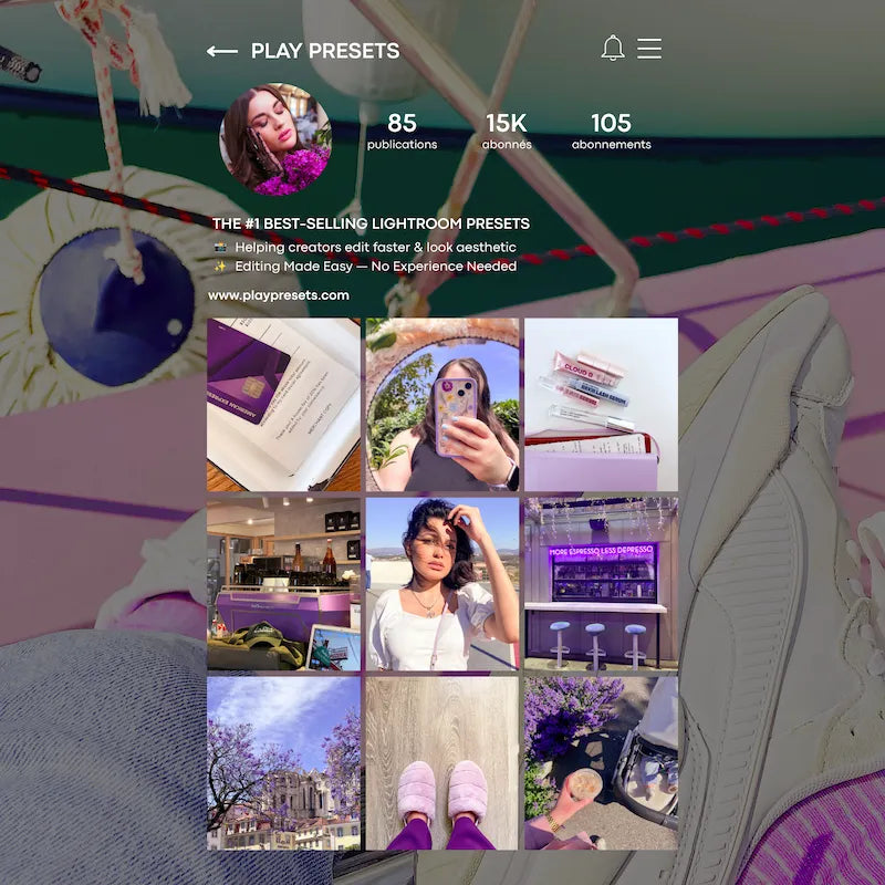 Instagram feed preview edited with Lilac Lightroom presets showing cohesive pastel tones and feminine lifestyle content