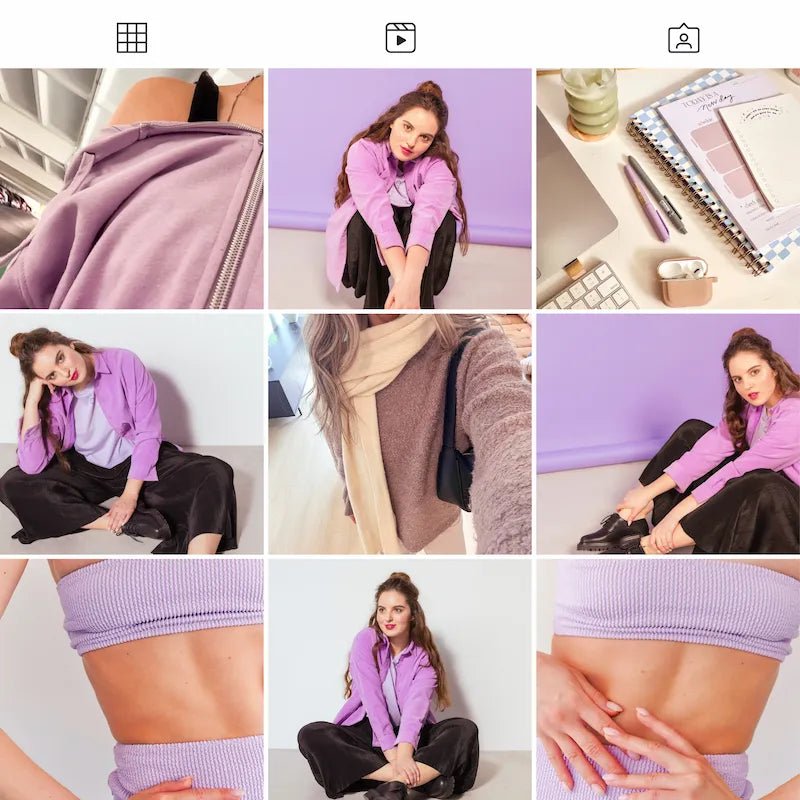 Photo grid preview edited with Lilac Lightroom presets showing consistent pastel tones across portrait and lifestyle photos