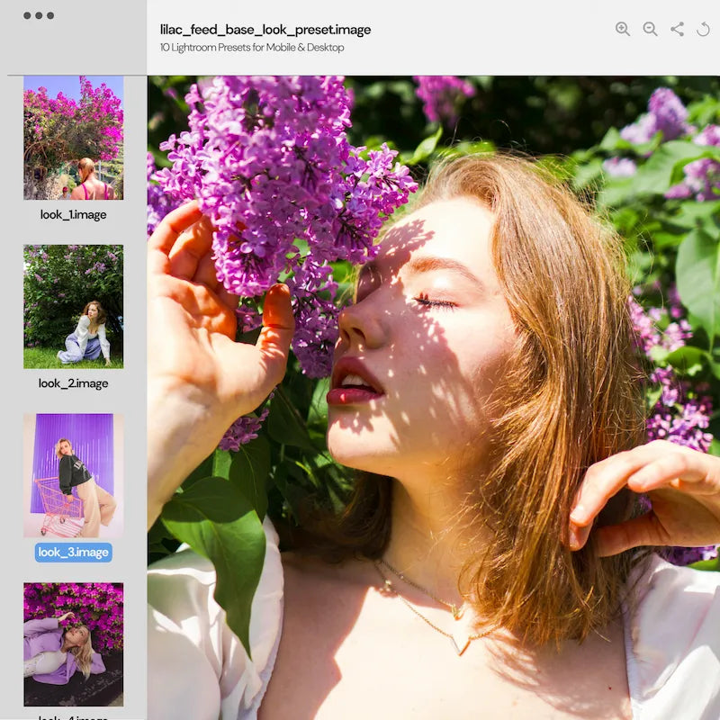 Preset variations preview edited with Lilac Lightroom presets showing different lighting styles and soft pastel color tones