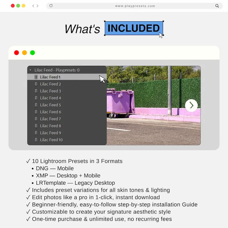 What’s included in Lilac Lightroom presets collection showing preset files and variations for mobile and desktop