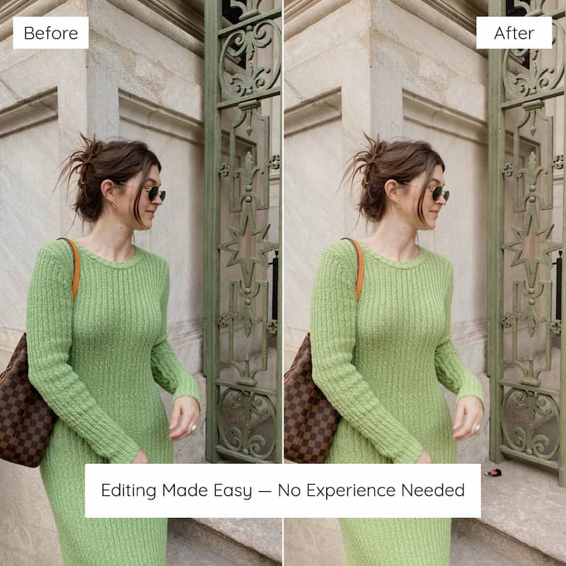 Before and after lifestyle photo edited with Matcha Lightroom presets showing creamy green tones and soft natural light