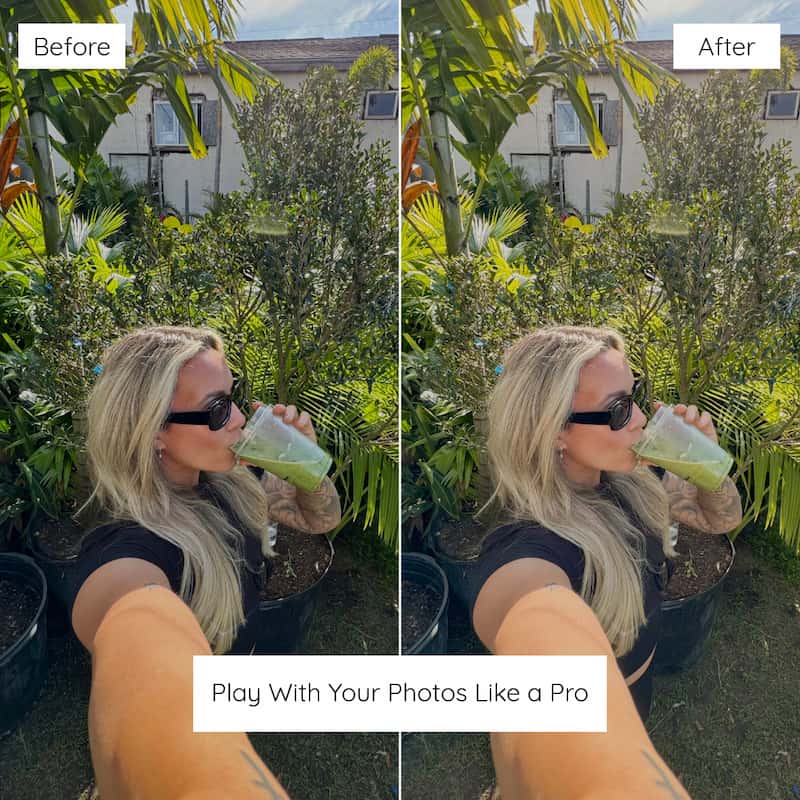 Before and after travel photo edited with Matcha Lightroom presets showing earthy greens and balanced warm tones
