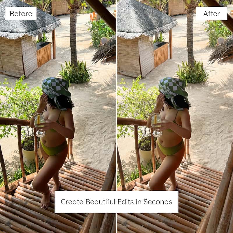 Before and after beach lifestyle photo edited with Matcha Lightroom presets showing soft contrast and tropical green tones