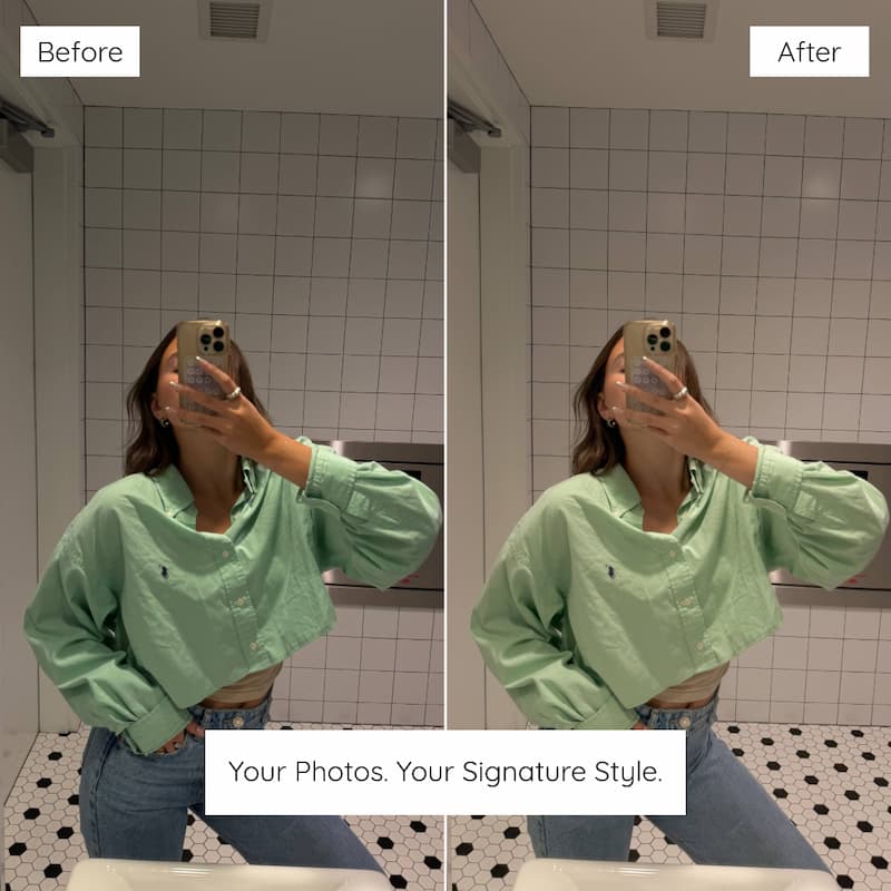 Before and after mirror selfie edited with Matcha Lightroom presets showing creamy whites and calm earthy colors