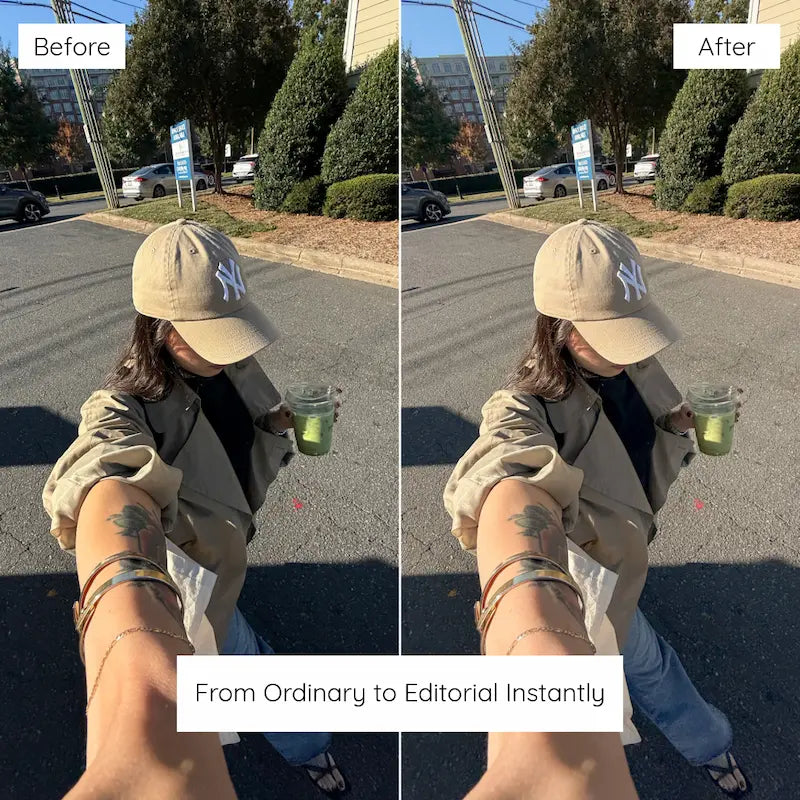 Before and after outdoor photo edited with Matcha Lightroom presets showing soft green tones and clean natural lighting