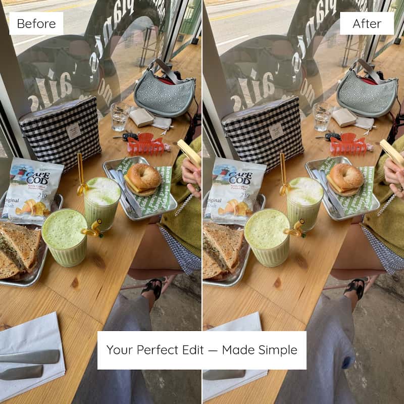 Before and after café flat lay edited with Matcha Lightroom presets showing warm greens and creamy aesthetic tones